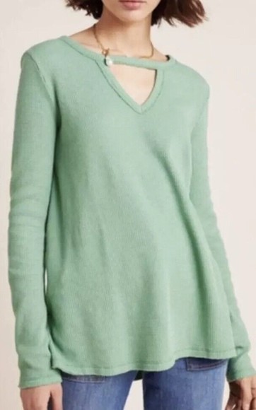ANTHROPOLOGIE T.La GREEN NADIA CUT OUT THERMAL WAFFLE TUNIC TOP SMALL - Picture 2 of 12